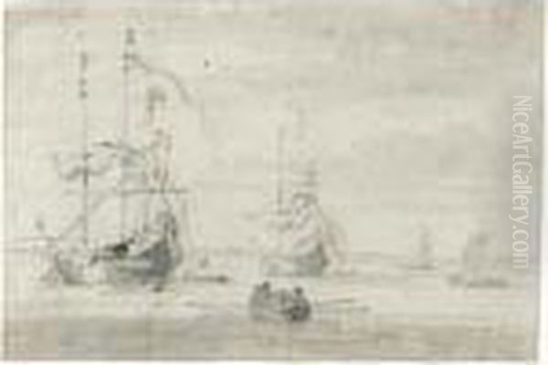 Two States Yachts In Calm 
Waters, With Smaller Vessels To The Left And A Barge In The Foreground Oil Painting by Willem van de, the Elder Velde