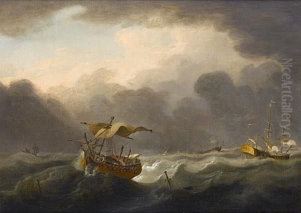 A Frigate And Other Shipping In Choppy Seas Oil Painting by Willem van de, the Elder Velde