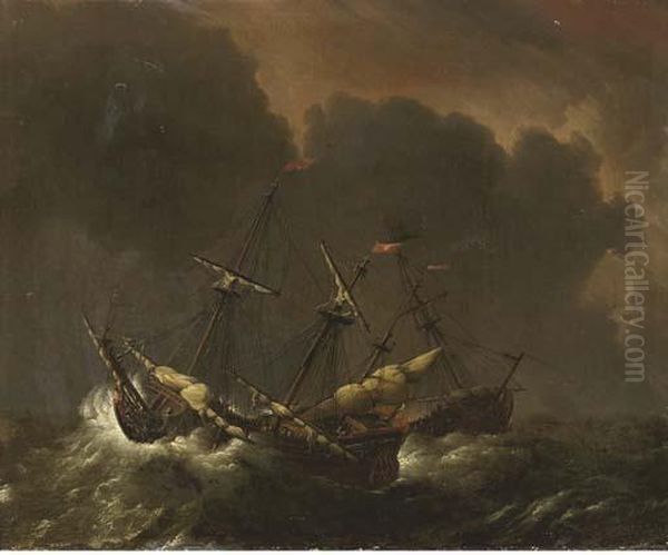 Shipping On A Stormy Sea Oil Painting by Willem van de, the Elder Velde