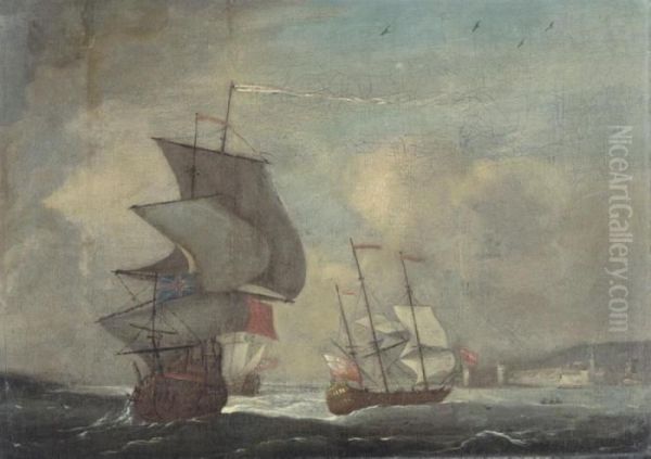 Second Rates Of The Red Squadron
 With A Fifth Rate In Company Off The Coast Of Portsmouth Oil Painting by Willem van de, the Elder Velde