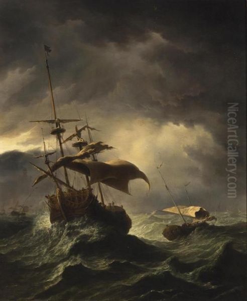 English Frigate And Other Shipping In Stormy Seas Oil Painting by Willem van de, the Elder Velde