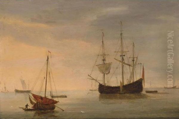 A Dutch Flute At Anchor And A 
Fishing Pink With Sail Lowered In The Foreground In A Calm Sea At Sunset Oil Painting by Willem van de, the Elder Velde