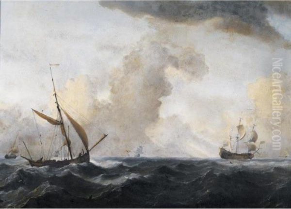 An English Galliot At Sea Running Before A Strong Wind Oil Painting by Willem van de, the Elder Velde