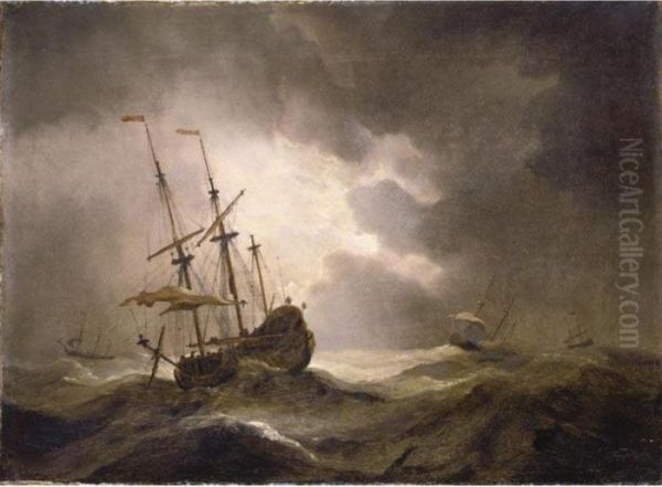 A Merchantman In A Storm, Three Other Ships On The Horizon Oil Painting by Willem van de, the Elder Velde