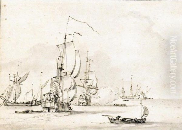 Ships From The Dutch Fleet And Small Supply Vessels, In A Stiff Breeze Oil Painting by Willem van de, the Elder Velde