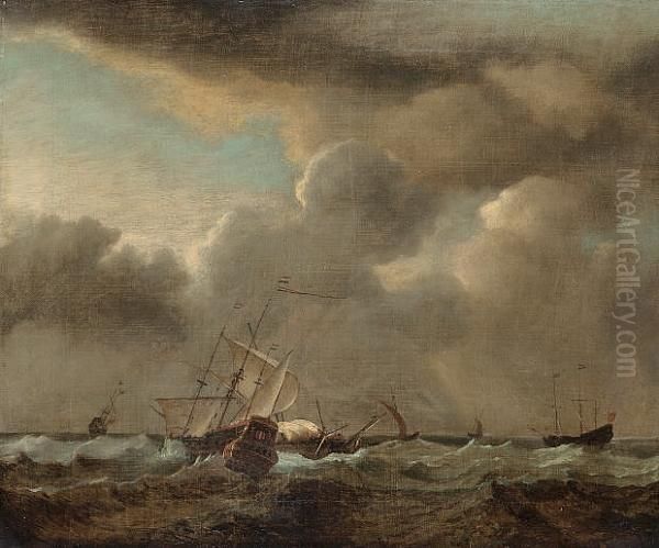 A Frigate And Other Men O'war In A Squall Oil Painting by Willem van de, the Elder Velde