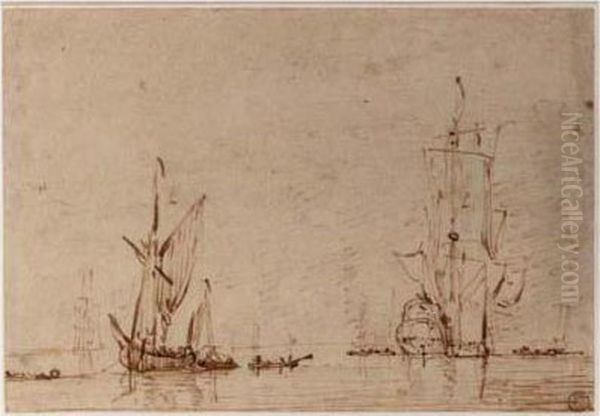 A Three-master And Other Ships On The Open Sea Oil Painting by Willem van de, the Elder Velde