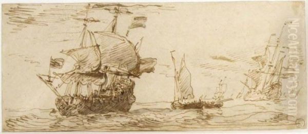 Two Dutch Three-masters Under Sail, With Smaller Boats Nearby Oil Painting by Willem van de, the Elder Velde