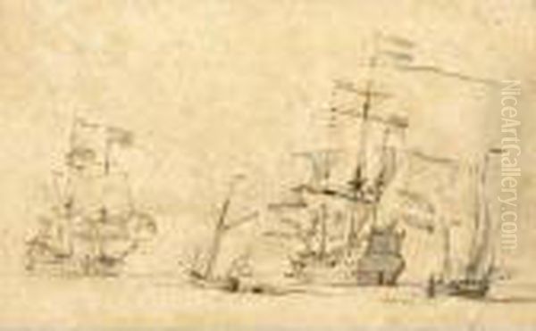 Two Galleons And Smaller Boats At Sea, Before The Battle Of Lowestoft Oil Painting by Willem van de, the Elder Velde