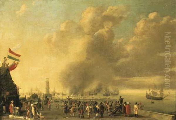 A Fortified Harbor Oil Painting by Willem van de, the Elder Velde