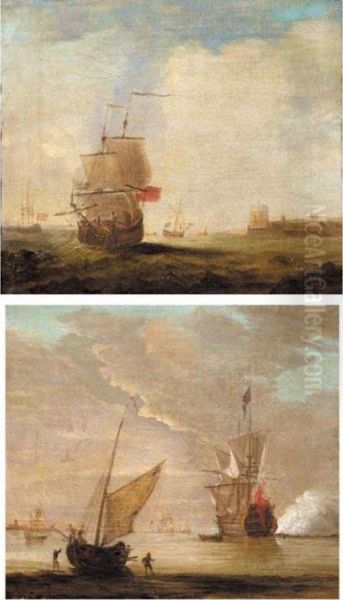 Seascape With An English Ship In A Moderate Wind, A Coastal Fort In The Distance Oil Painting by Willem van de, the Elder Velde