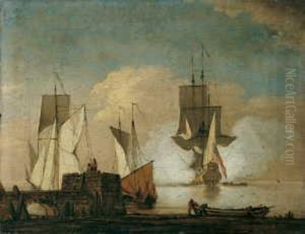 De D.j. , Nachfolge Britische 
Kriegsschiffe In Kustennahe. Ol Auf Leinwand, Auf Holz Aufgezogen . H 
22; B 29 Cm. Provenienz: Slg. Bremen, Krefeld Oil Painting by Willem van de, the Elder Velde