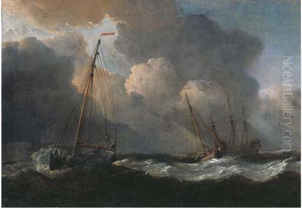 English Fishing Smacks At Sea In A Gale Oil Painting by Willem van de, the Elder Velde