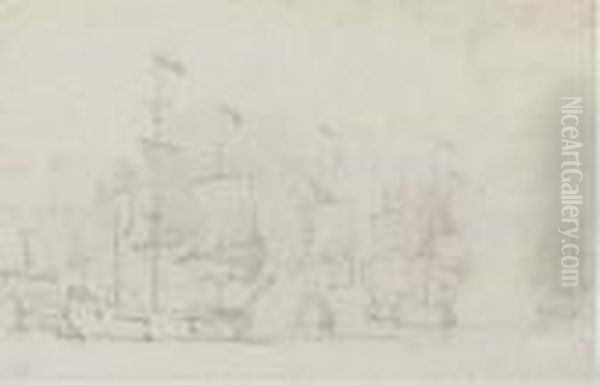 Warships Becalmed Oil Painting by Willem van de, the Elder Velde