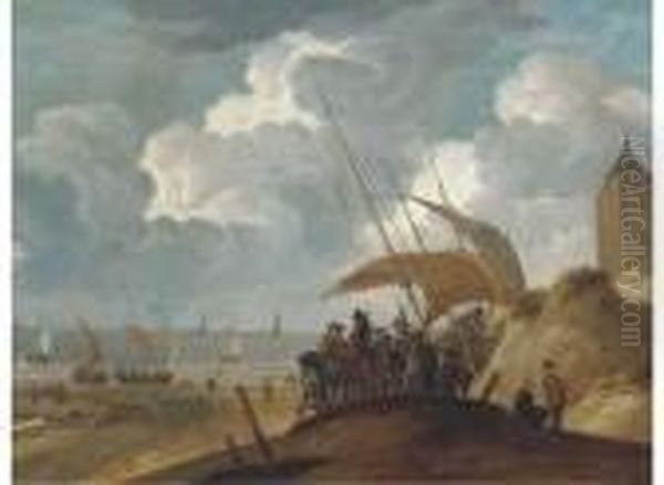 A Coastal Landscape With Peasants And Gentlemen On A Beach By Aboat Oil Painting by Willem van de, the Elder Velde