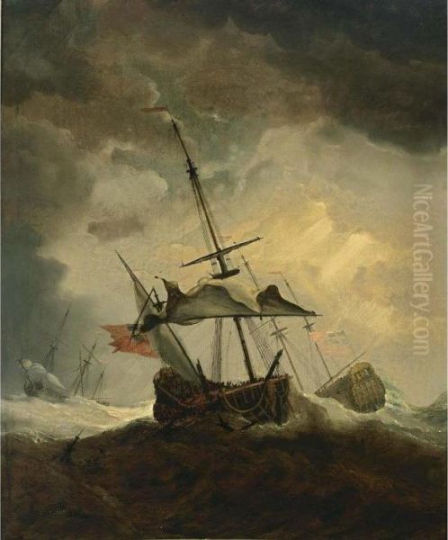 A Small English Ship Dismasted In A Gale, A Man-of-war And Another Sailing Vessel Beyond Oil Painting by Willem van de, the Elder Velde