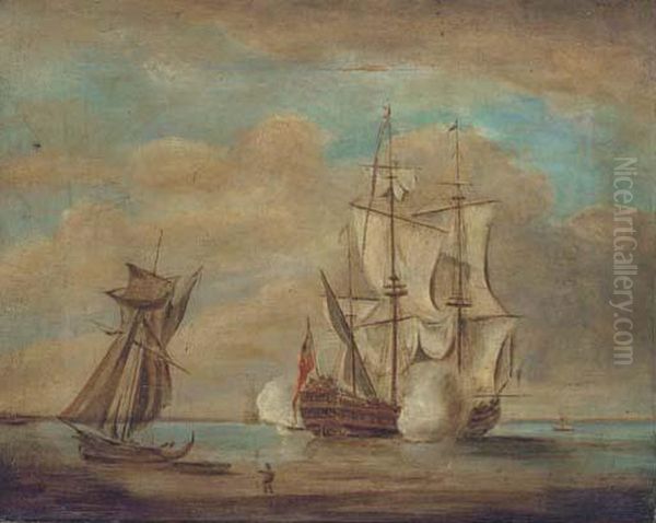 A Man-o'-war Firing A Salute In A Calm Oil Painting by Willem van de, the Elder Velde