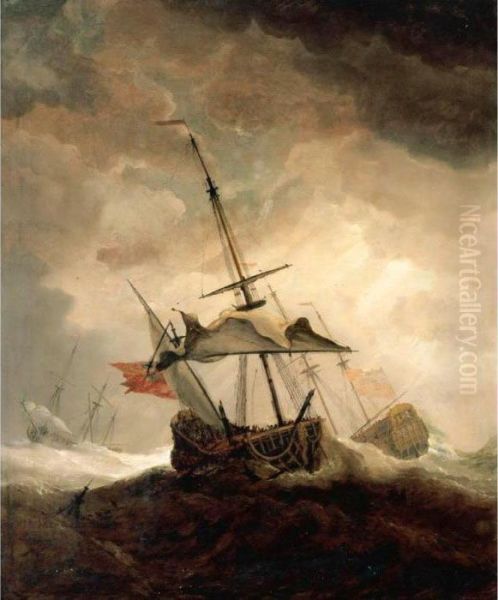 A Small English Ship Dismasted In A Gale, Two Further Ships Beyond Oil Painting by Willem van de, the Elder Velde