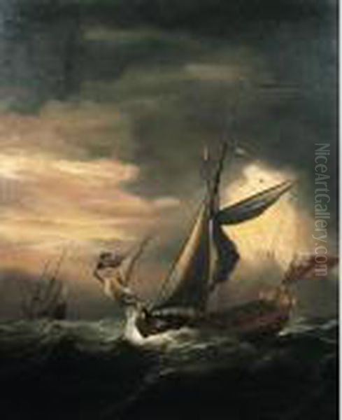 An English Royal Yacht And Other Shipping In Heavy Seas Oil Painting by Willem van de, the Elder Velde