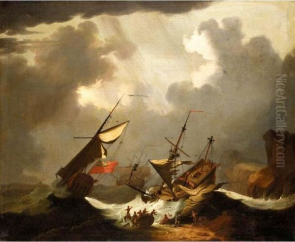 English Ships In Distress Off A Rocky Coast Oil Painting by Willem van de, the Elder Velde