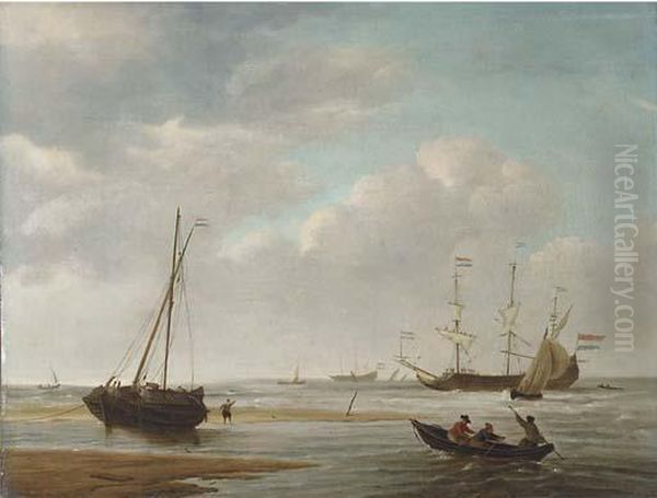 A Dutch Three-master With Reefed
 Sails And Other Shipping In Calmwaters Off The Coast, Fishermen In A 
Rowing Boat Heading Towards Adekschuit On The Beach In The Foreground Oil Painting by Willem van de, the Elder Velde