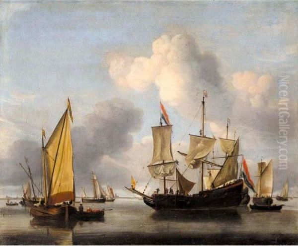 A Dutch Flute, A Smalschip And Other Shipping Offshore In A Calm Oil Painting by Willem van de, the Elder Velde