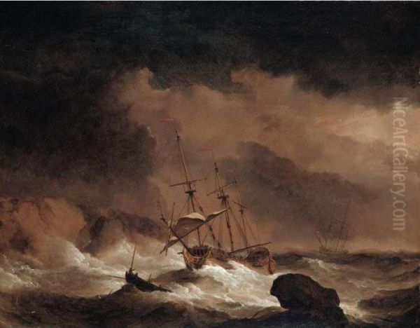 An Indiaman In A Gale Off A Rocky Coast Oil Painting by Willem van de, the Elder Velde