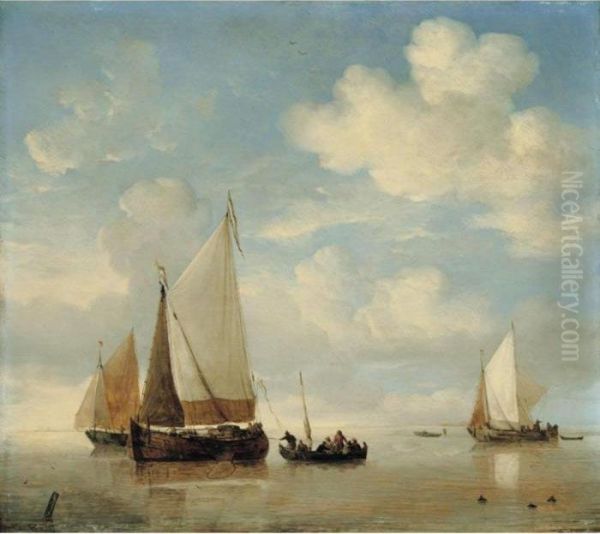 Calm - Dutch Smalschips And A Rowing Boat In A Light Air Oil Painting by Willem van de, the Elder Velde