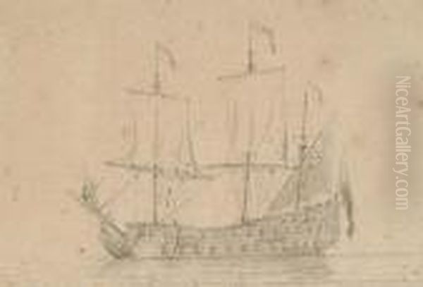 Sketch Of A Galleon Oil Painting by Willem van de, the Elder Velde