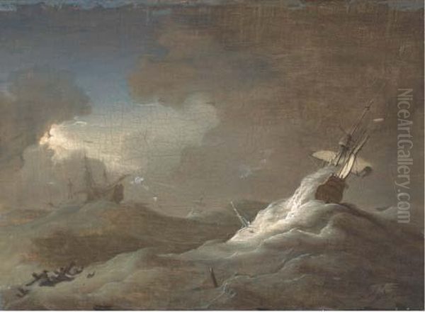 Shipping In Stormy Seas Oil Painting by Willem van de, the Elder Velde