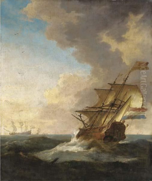 A Dutch Frigate Sailing In A Fresh Breeze, Other Ships Beyond Oil Painting by Willem van de, the Elder Velde