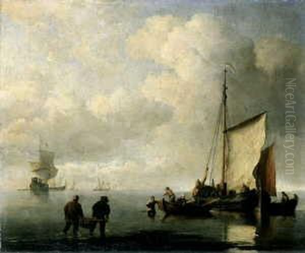 Fischerboote In Strandnahem Gewasser. Im Hintergrund Kriegsschiffe. Oil Painting by Willem van de, the Elder Velde