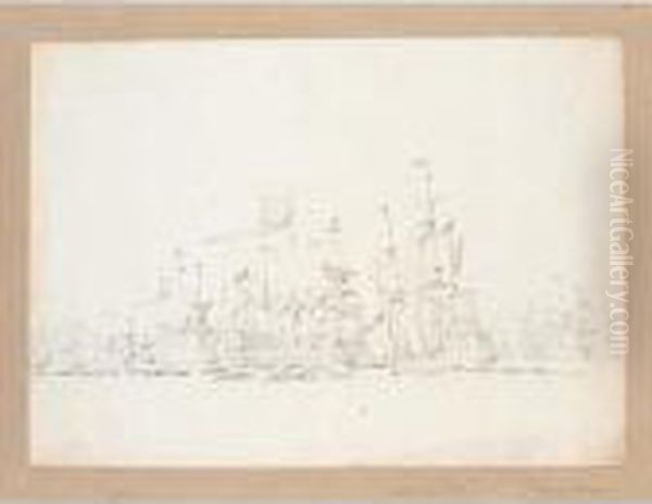 A Group Of Seven Views Of Ships At Sea Oil Painting by Willem van de, the Elder Velde