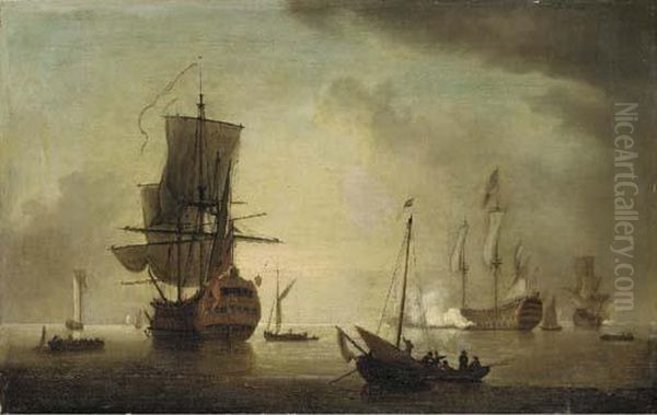 Two British Man-o-war In Still Waters Oil Painting by Willem van de, the Elder Velde