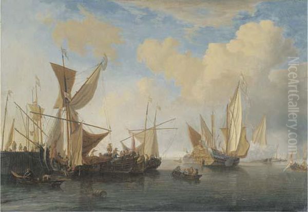 A Wijdschip And A Smalschip Lying At A Pierhead Oil Painting by Willem van de, the Elder Velde