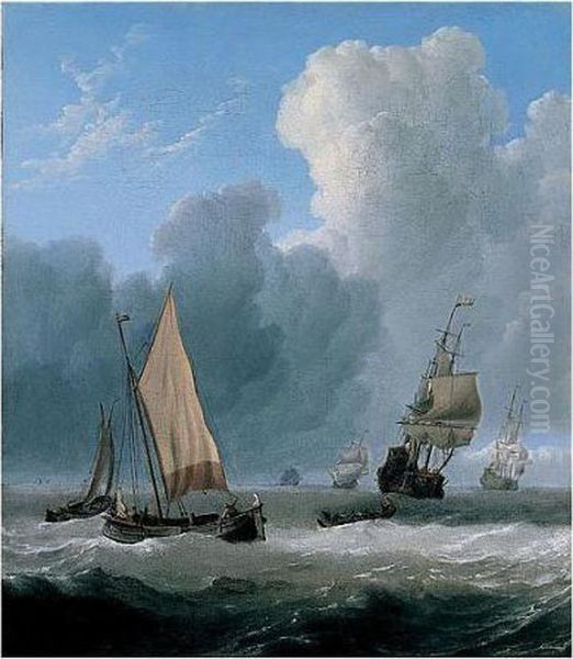 Dutch Coastal Vessels With A 
Rowing Boat On The Open Sea With A Squadron Of Men Of War Beyond Oil Painting by Willem van de, the Elder Velde