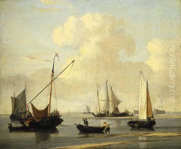 A Kaag, A Weyschuit And Two Rowing-boats Oil Painting by Willem van de, the Elder Velde