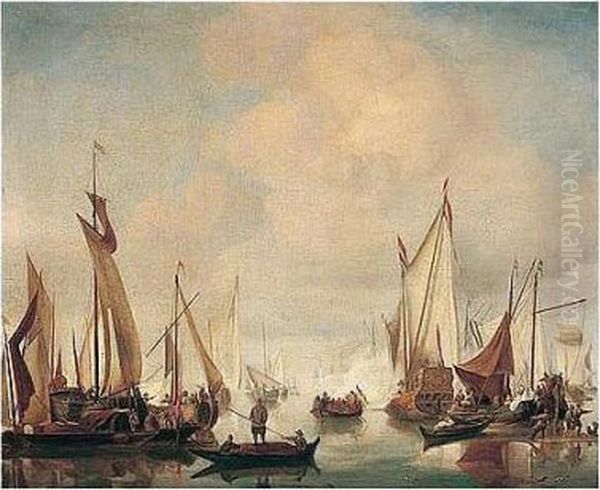 A Dutch Yacht And Fishing Vessels In A Calm Oil Painting by Willem van de, the Elder Velde