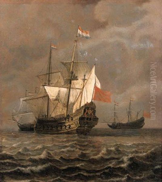 An Amsterdam Man-o'-war At Sea, As A Storm Approaches - Afragment Oil Painting by Willem van de, the Elder Velde