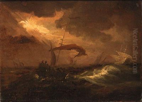 Shipping In A Storm Oil Painting by Willem van de, the Elder Velde