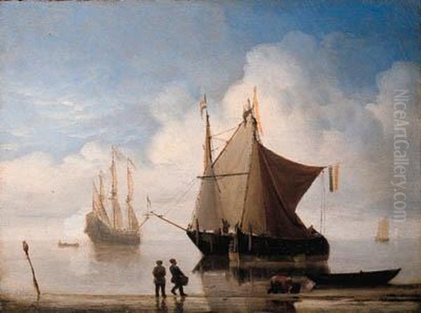 A States Yacht And Other Shipping Offshore In A Calm Oil Painting by Willem van de, the Elder Velde