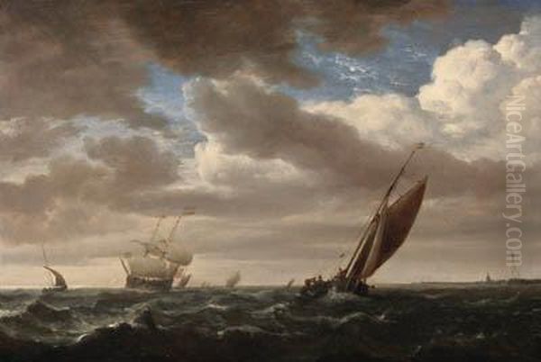 A Kaag And Other Shipping In A Fresh Breeze Oil Painting by Willem van de, the Elder Velde