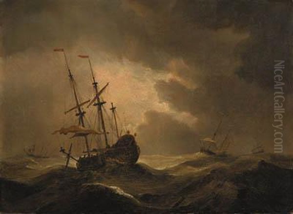 A Merchantman In A Storm With Other Shipping Beyond Oil Painting by Willem van de, the Elder Velde