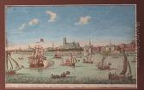 Men-o'-war In A Calm, Rowing Boats In The Foreground Oil Painting by Willem van de, the Elder Velde