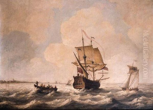 An English Man-o'-war Sailing 
Out, A Rowing Boat And Other Shippingnearby, A Town In The Distance Oil Painting by Willem van de, the Elder Velde