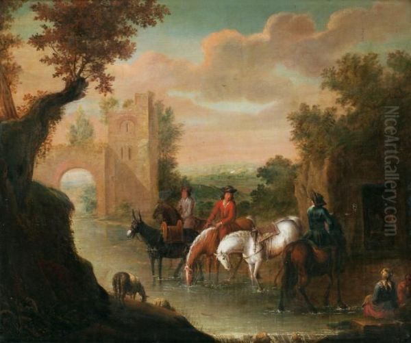 Elegant Company With Horses Oil Painting by Adam Frans van der Meulen