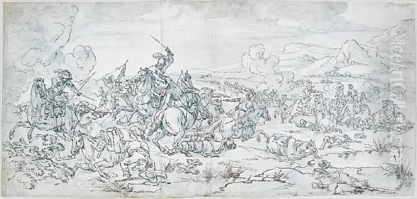 A Battle Scene Oil Painting by Adam Frans van der Meulen