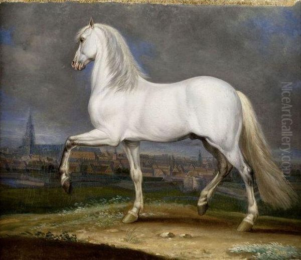 Portrait De Cheval Blanc Devant Un Panorama De La Ville De Cambrai Oil Painting by Adam Frans van der Meulen