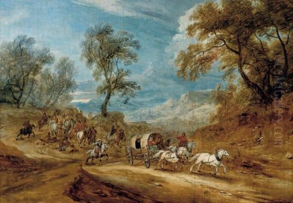 A Wooded Landscape With Highwaymen Ambushing A Carriage On A Track Oil Painting by Adam Frans van der Meulen