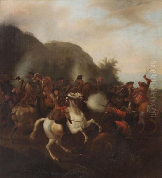 Cavalry Battle Oil Painting by Adam Frans van der Meulen